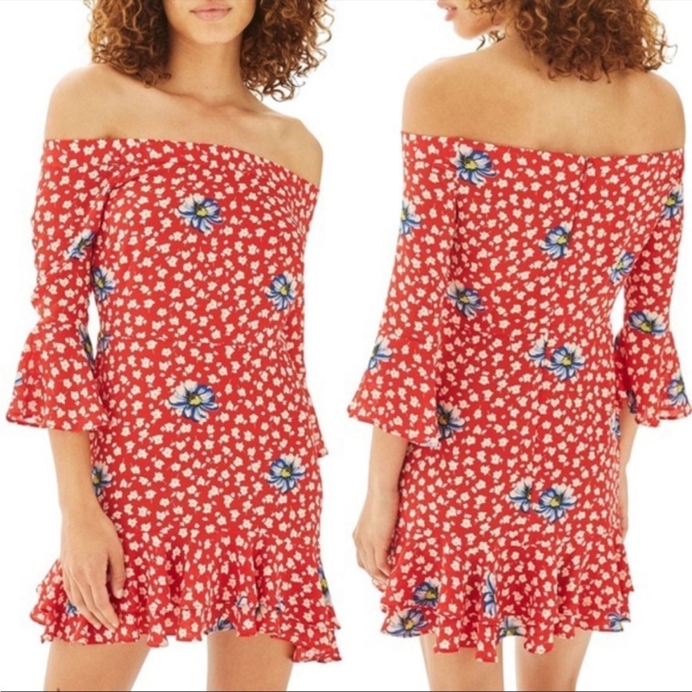 Topshop Bardot Off Shoulder Floral Ruffle Dress size 10